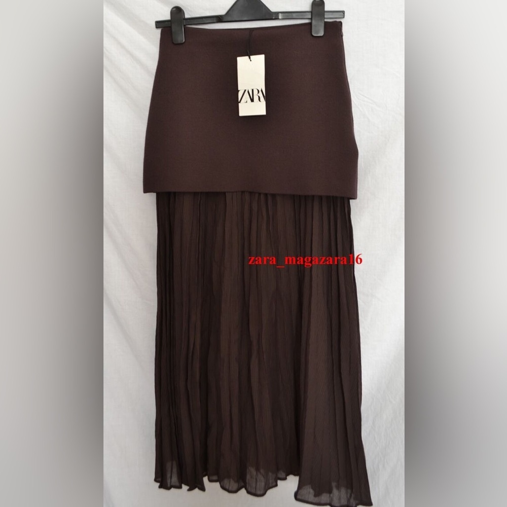 Zara NWT dark brown mixed combination midi pleated contrasting skirt - Picture 2 of 15